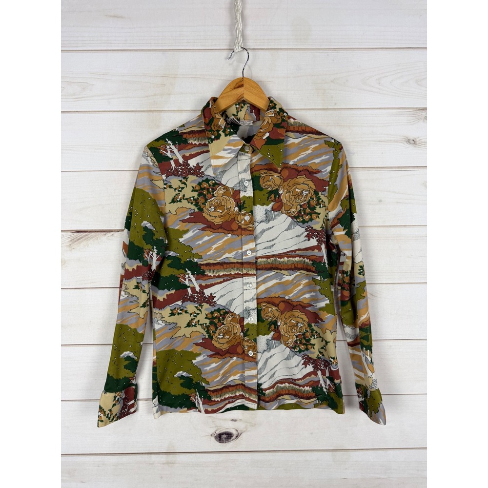 VTG Montgomery Ward Shirt Womens S 70s Floral Landscape Polyester Button Up